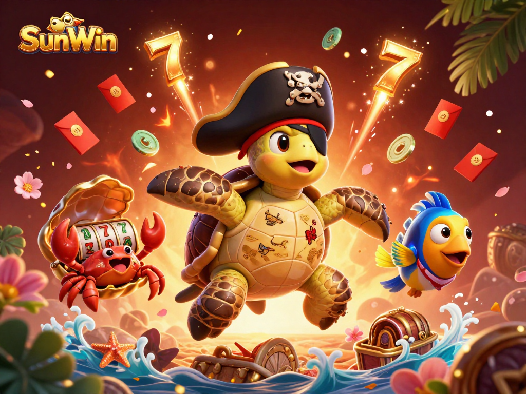 Experience the thrilling adventure of SunWin with a pirate turtle and friends amidst a vibrant casino backdrop.