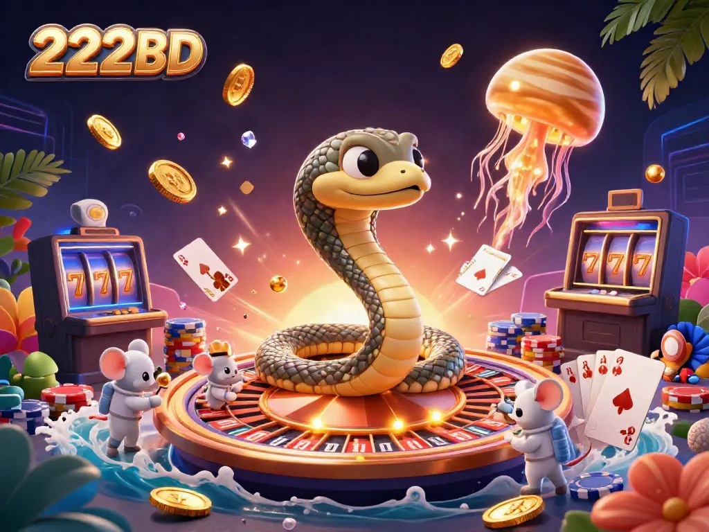 Engage with 222BD's cosmic casino where animated characters spin the roulette galaxy.