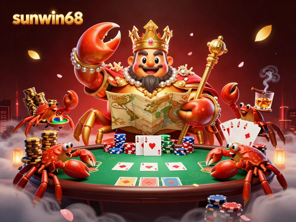 Join the action at sunwin68 with a golden crab emperor and poker elements in an exciting casino scene.