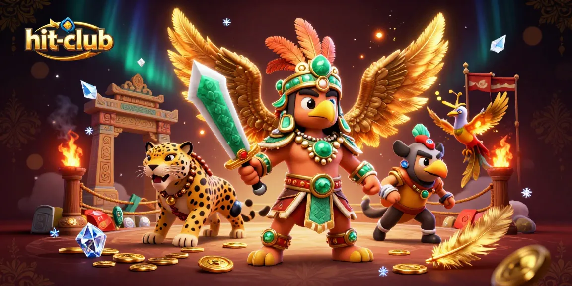 Engage with hit-club in an exciting 3D casino scene featuring Aztec warriors and vibrant gaming elements.