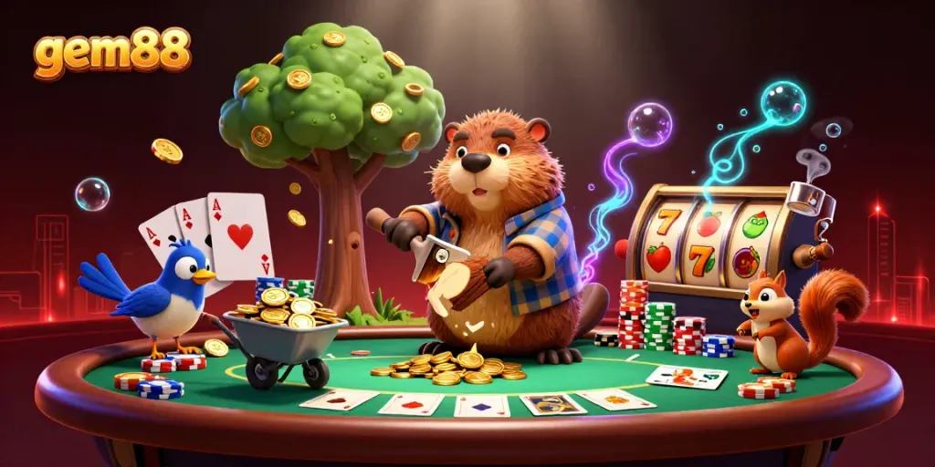 Experience thrilling gaming action at gem88 with vibrant characters collecting gold coins in a casino.