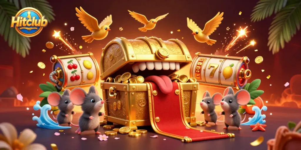 Hitclub lures players with a vibrant casino scene, showcasing the allure of slots and treasure.