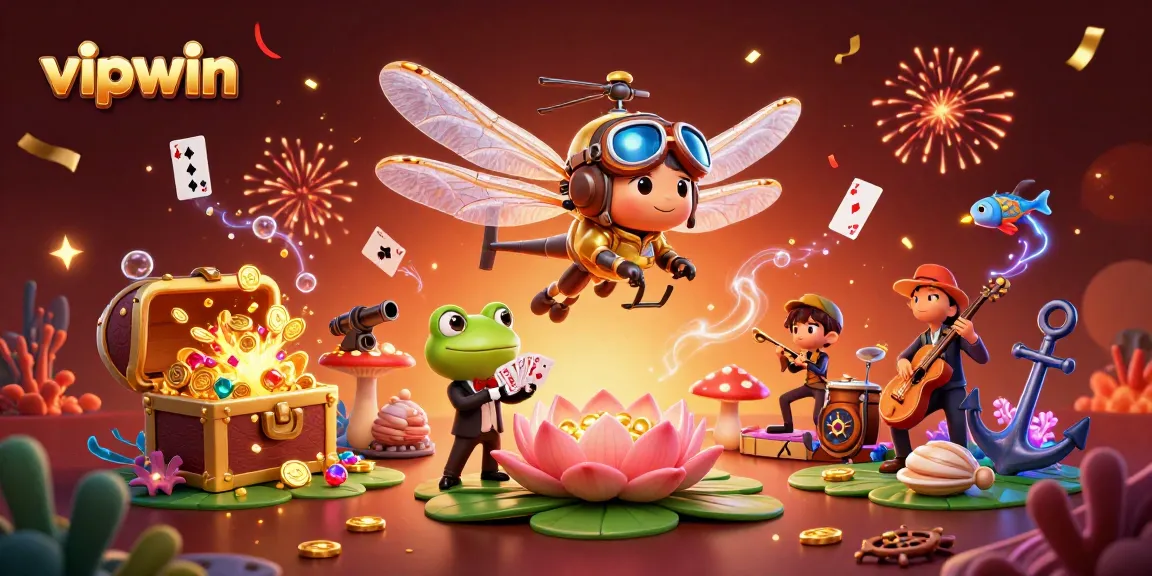 Experience thrilling gaming at vipwin with dynamic casino illustrations featuring a vibrant lily pad setting.