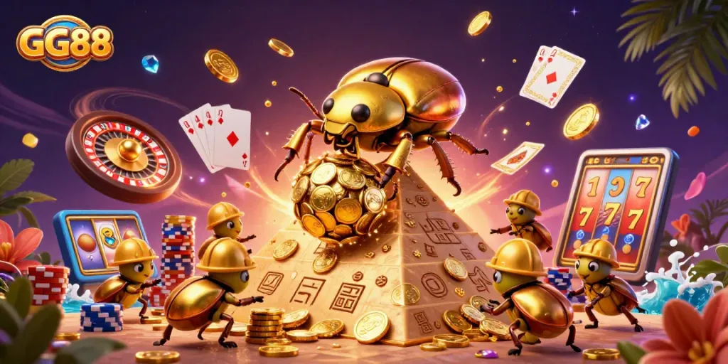 Engage with GG88's vibrant casino world featuring a golden dung beetle rolling coins, embodying thrilling gameplay.