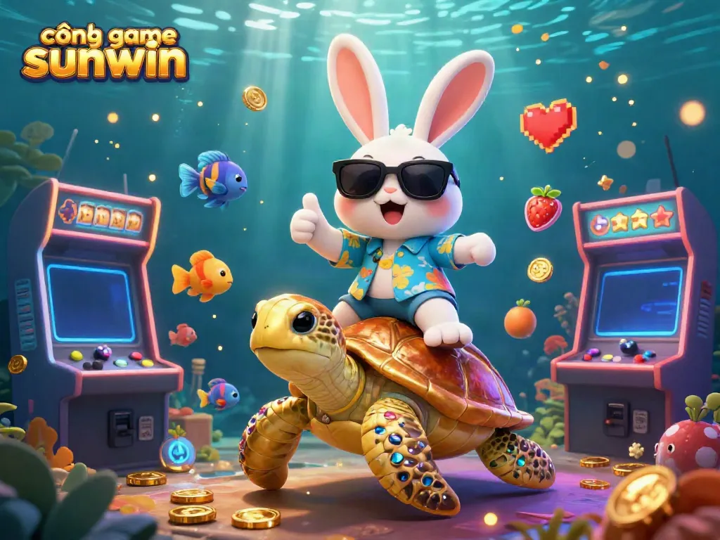 Play exciting games at the cổng game sunwin with the lucky rabbit and golden turtle illustration.