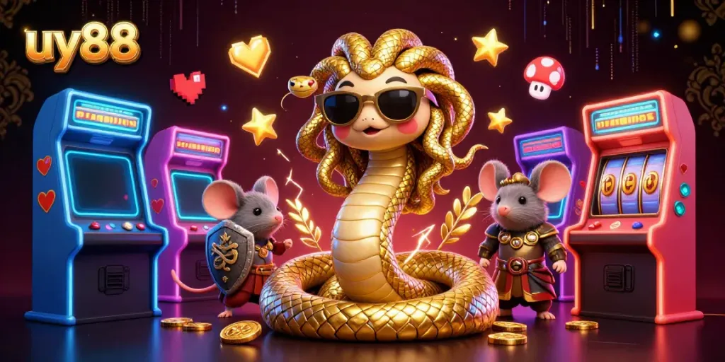 Engage with the excitement of uy88 gaming featuring Medusa, a warrior mouse, and vibrant casino elements in an energetic illustration.