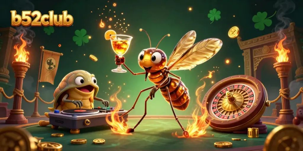 Engage with the thrilling b52club experience featuring a lively mascot, spinning DJ, and dynamic game elements.