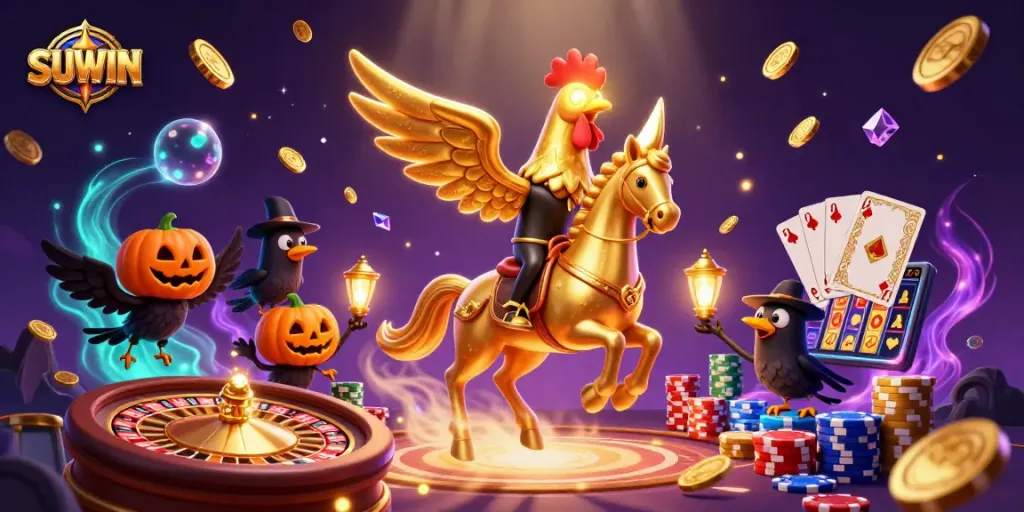 Suwin engages players in a vibrant casino scene filled with golden coins, roulette, and dynamic action.