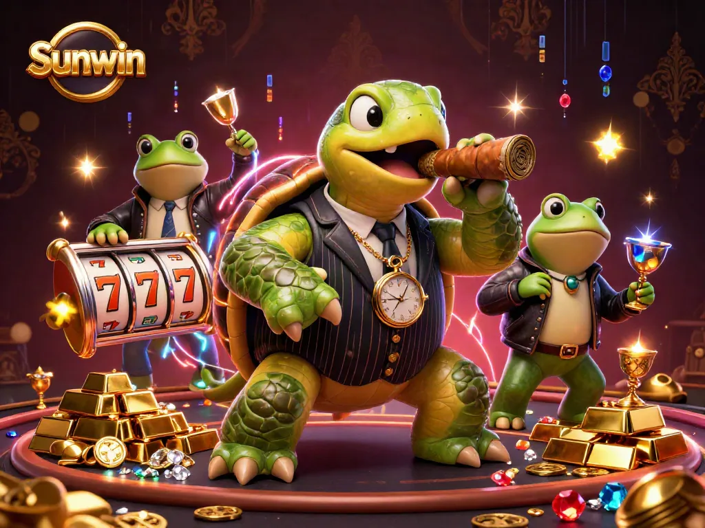 Experience thrilling wins at Sunwin's casino, featuring a massive turtle and bullfrogs with jewels.