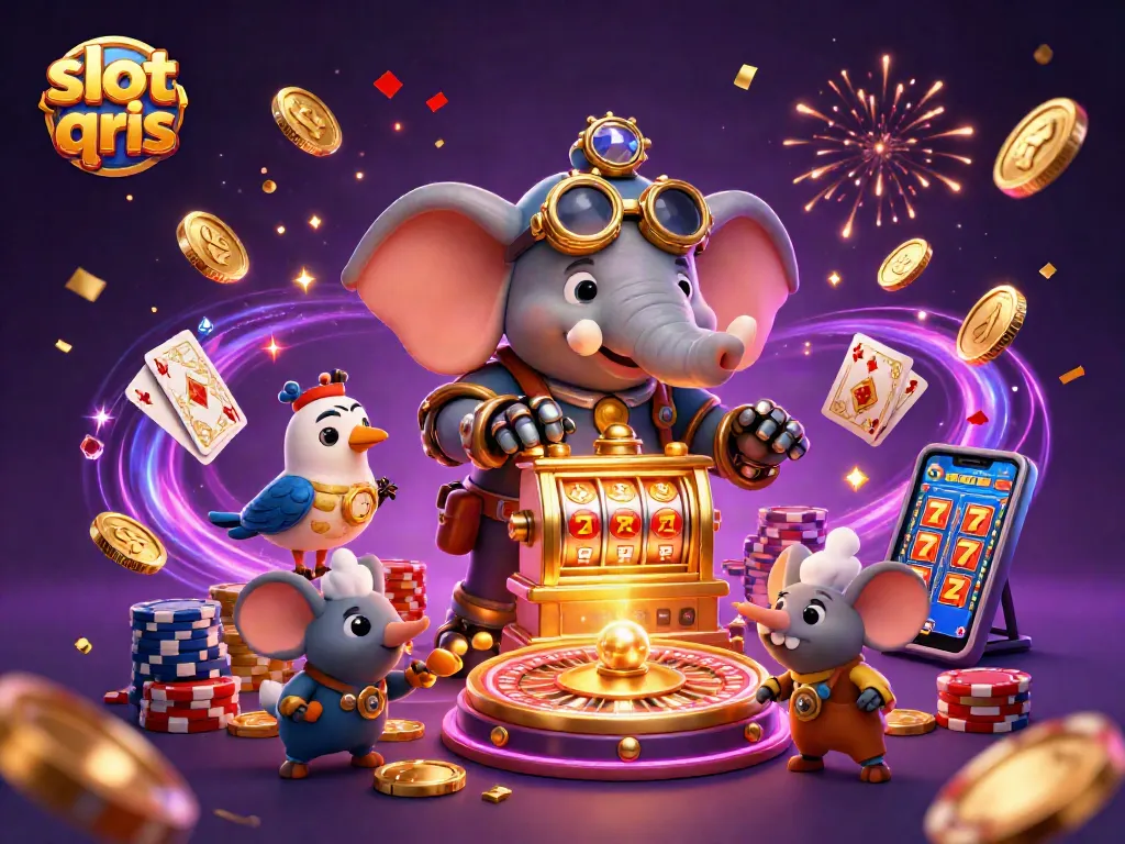 Play slots with slot qris as a steampunk-themed site showcases vibrant coins and dynamic games.