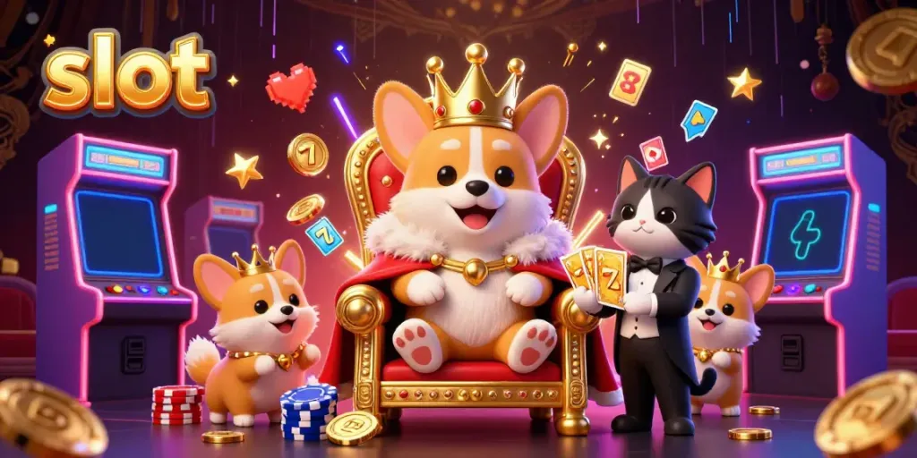 Spin slot machines with royal corgi and cat butler amid neon-lit casino chaos