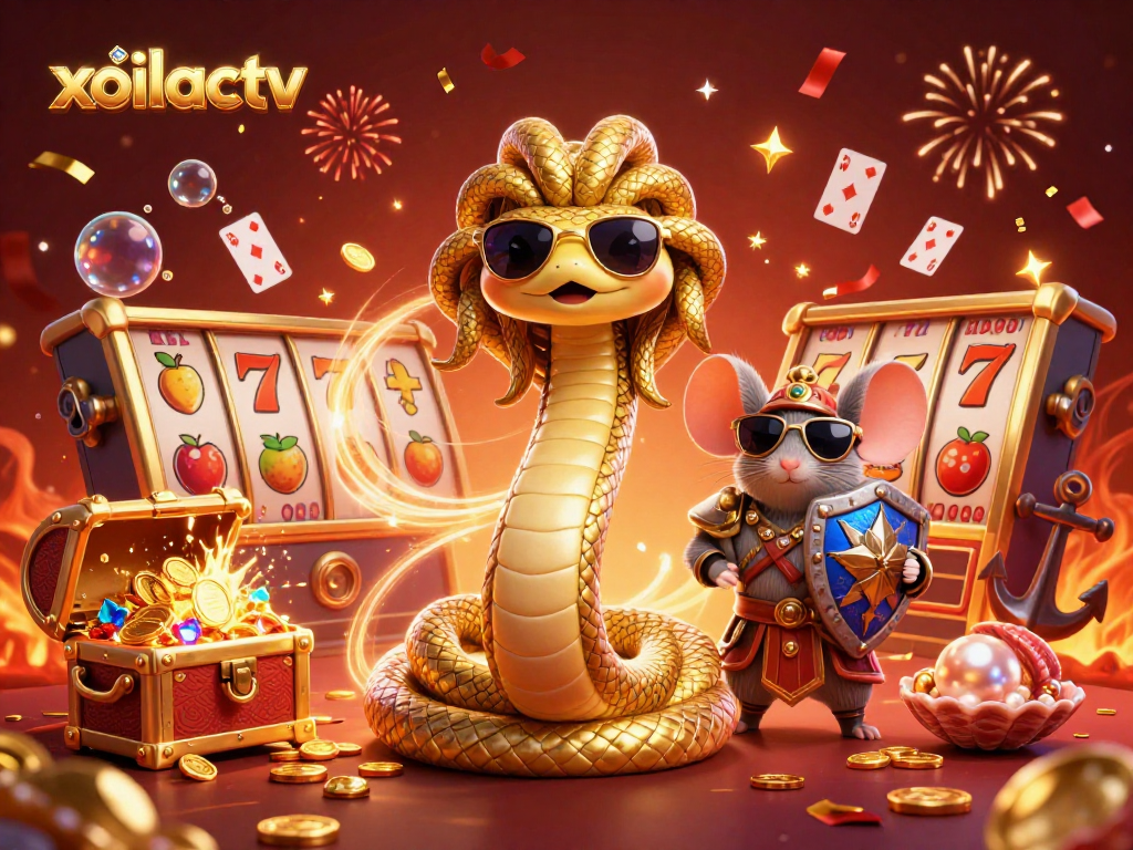 Engage with vibrant casino entertainment at xoilactv featuring Medusa and a warrior mouse amidst a dynamic backdrop.