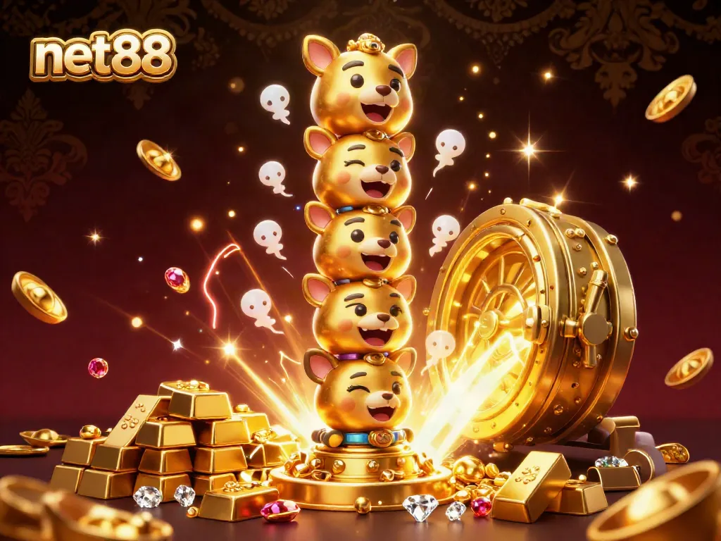 Experience thrilling wins at net88 with a 3D totem pole and sparkling treasures in an engaging casino scene.
