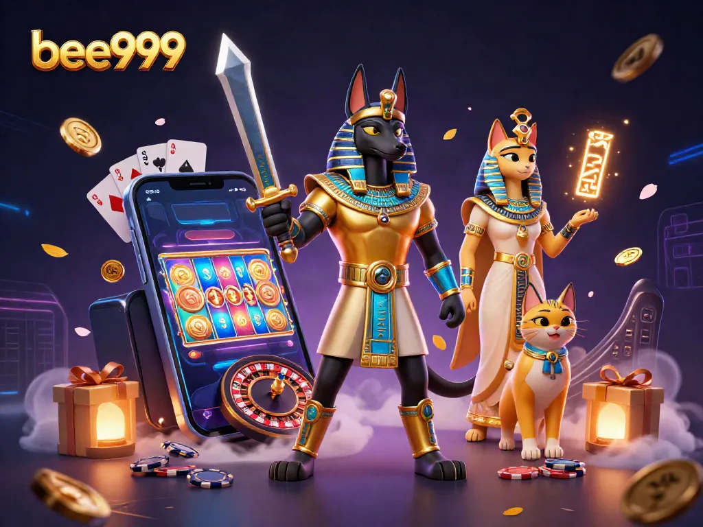 Experience thrilling slots gameplay with bee999, featuring Egyptian warrior Anubis and mystical elements in a vibrant scene.