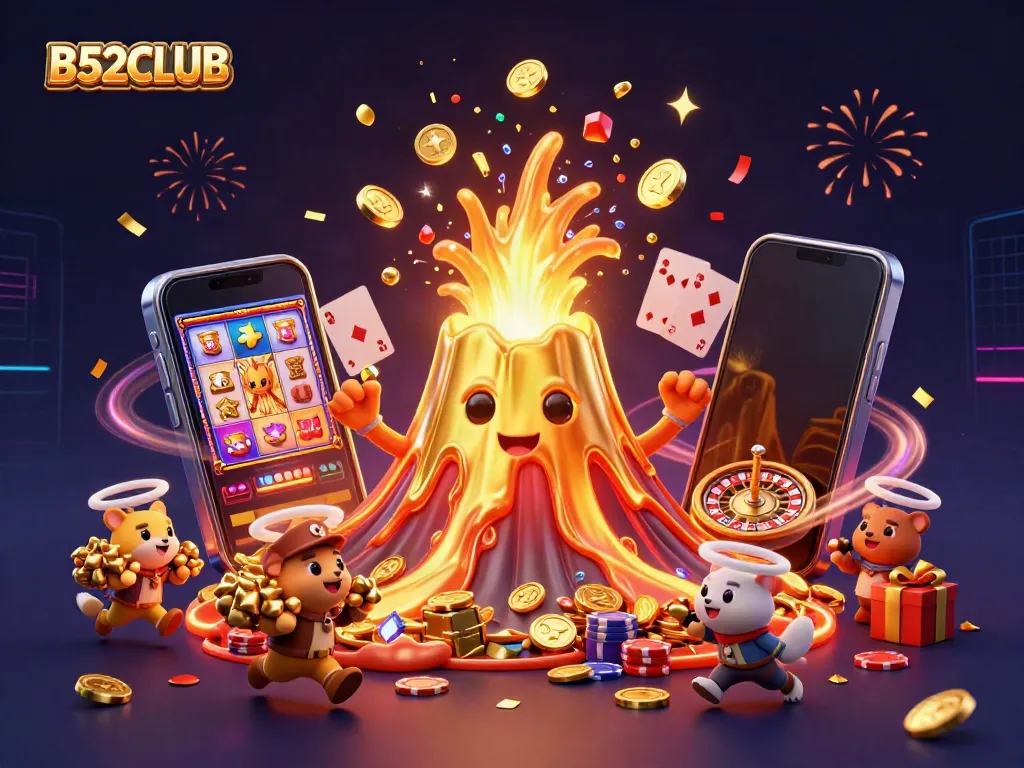 Experience vibrant adventure with B52CLUB, featuring a golden volcano erupting treasures in a colorful casino scene.