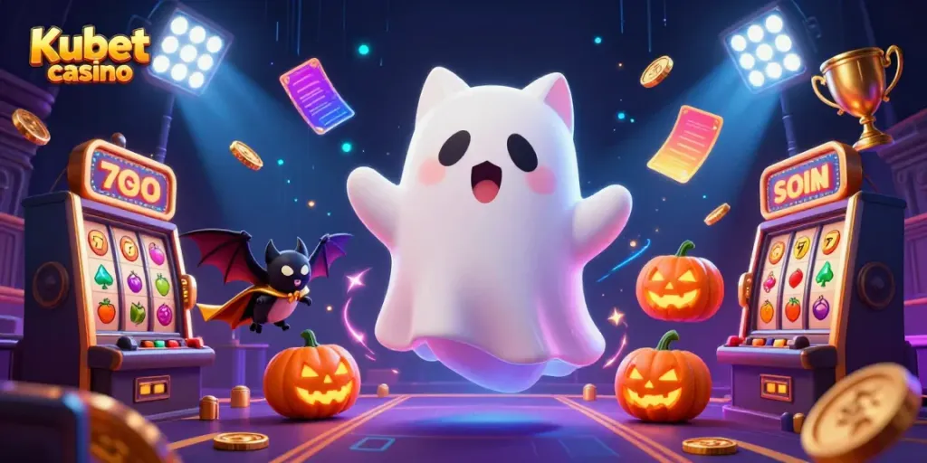 Kubet casino showcases an animated scene with a ghost cat and vampire bat set in a vibrant haunted casino atmosphere.