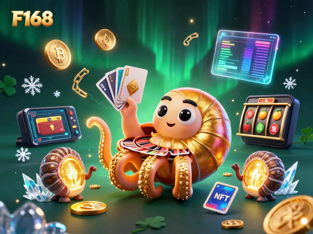Experience the thrilling F168 casino with a vibrant 3D illustration featuring traditional gaming elements and glowing crypto coins.