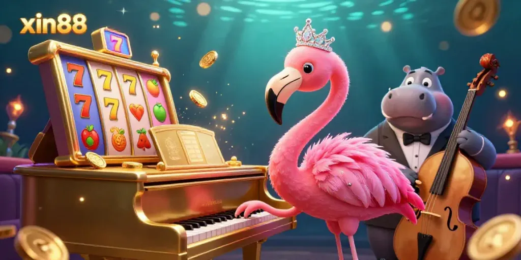 Engage with xin88's vibrant casino world featuring a flamingo singer and hippo bassist amidst slots and golden coins.
