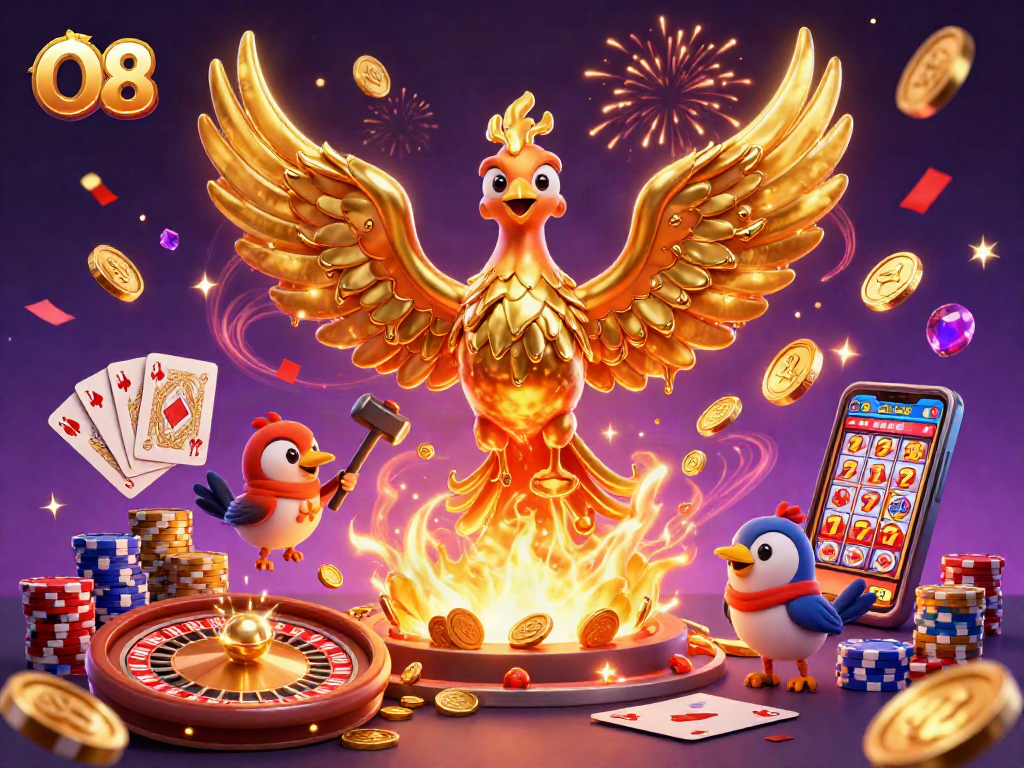 O8 illuminates a vibrant casino scene with a molten phoenix and gaming riches.