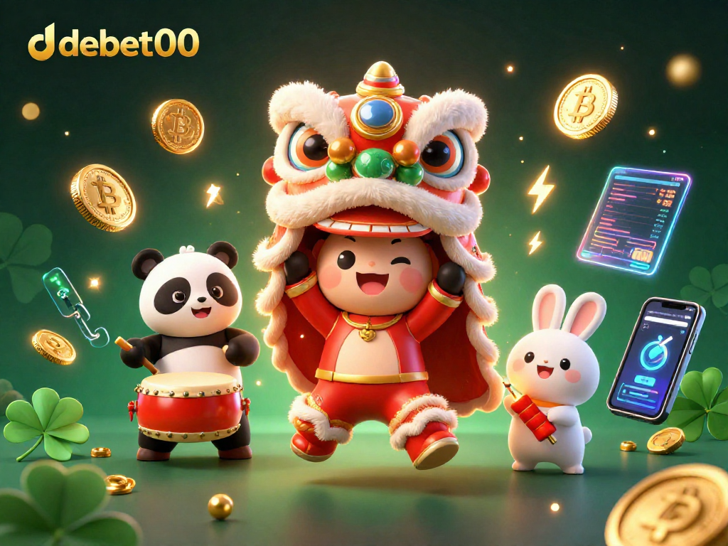 Experience vibrant gaming energy with debet00's dynamic lion and panda illustration amidst glittering crypto elements.