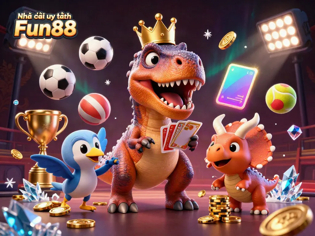 Experience immersive gaming with a 3D cartoon T-Rex and friends showcasing Nhà cái uy tín Fun88 in a lively casino scene.