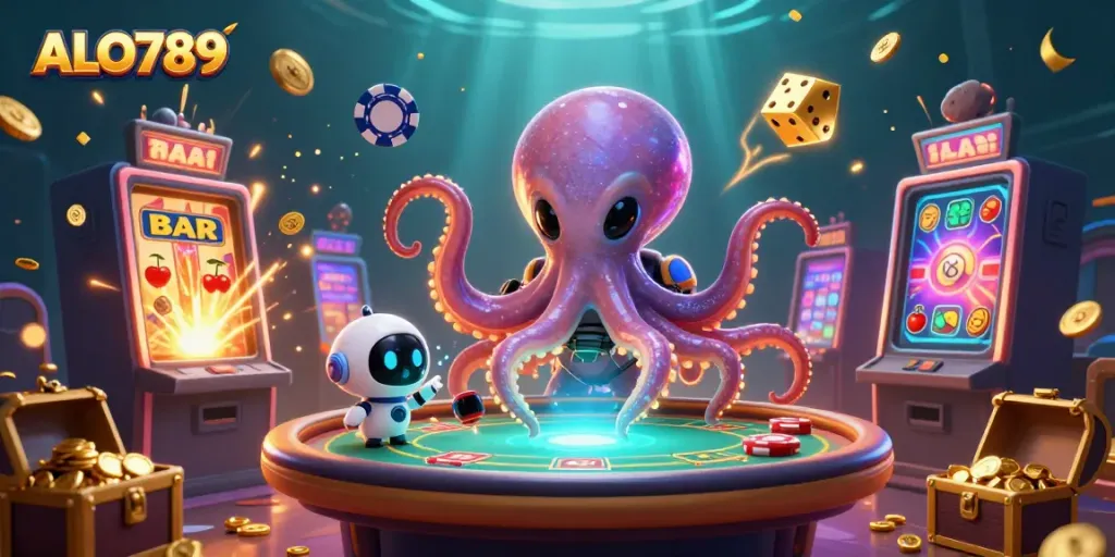 Experience thrilling gameplay at ALO789 with vibrant 3D illustration of an alien octopus at a poker table.