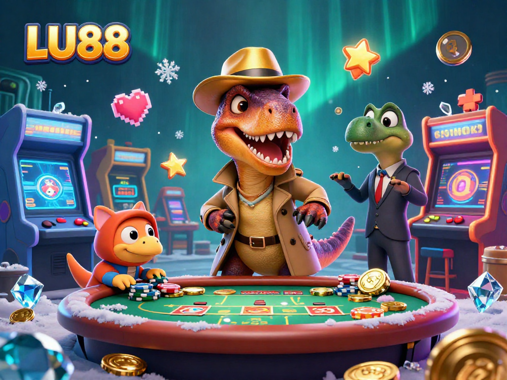LU88 gaming adventure featuring cartoon velociraptors at a blackjack table amid vibrant casino elements.