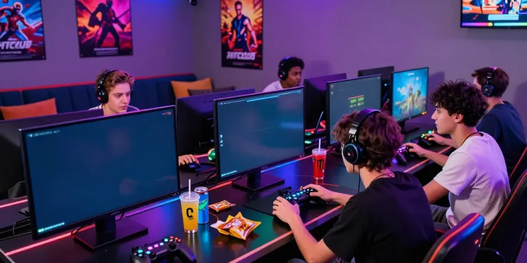 Friends playing HITCLUB game in a lively gaming lounge with vibrant lighting.