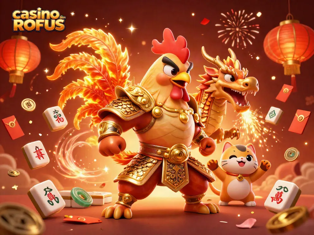Engage with casino uden ROFUS through an exciting illustration of a warrior rooster and dragon in a vibrant setting.