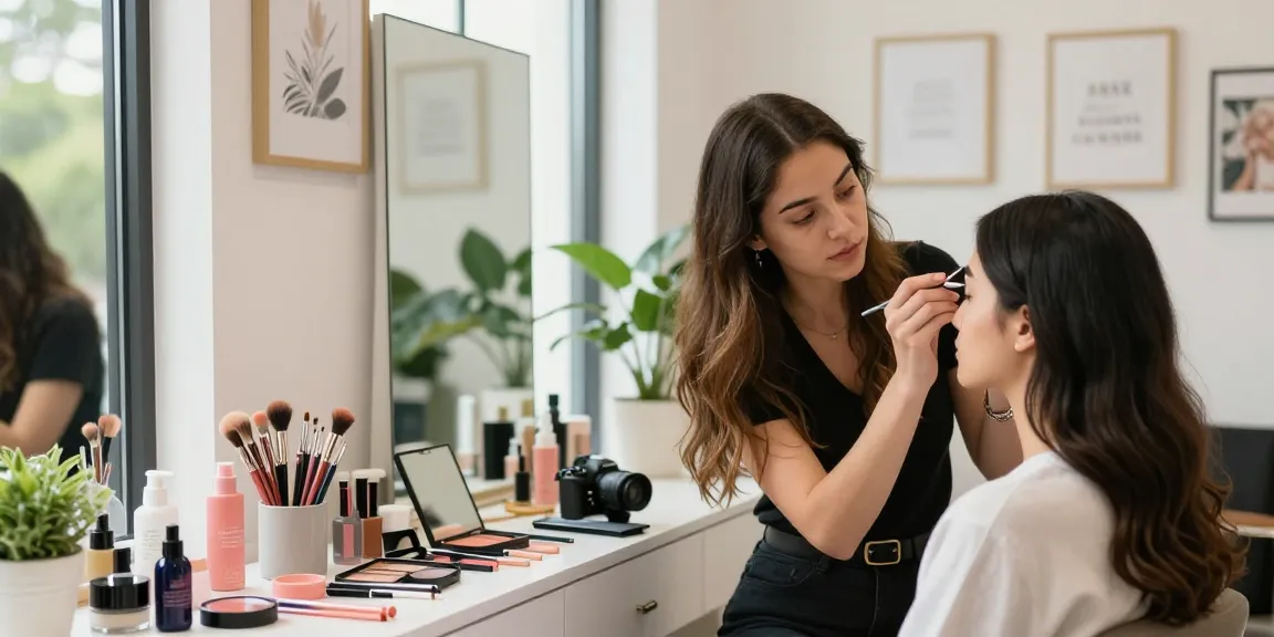 Jonge vrouw die poeder brows aanbrengt in een levendige beautystudio.