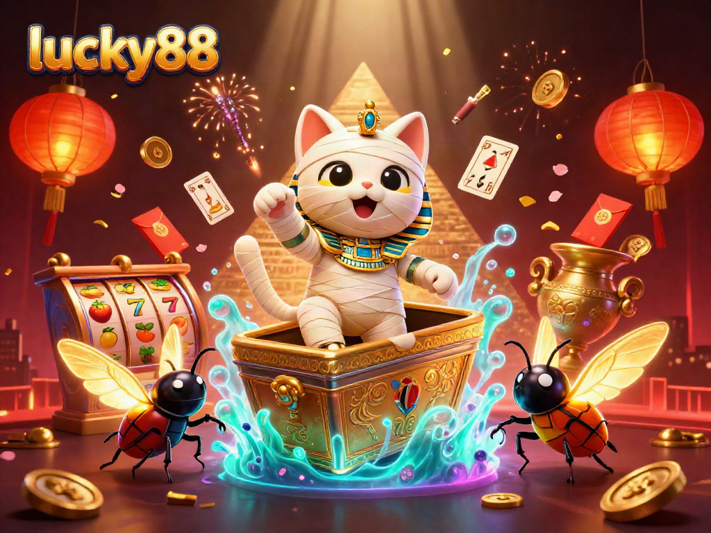 Experience lucky88 spins with a mummy cat and scarab beetle in a vibrant casino atmosphere.