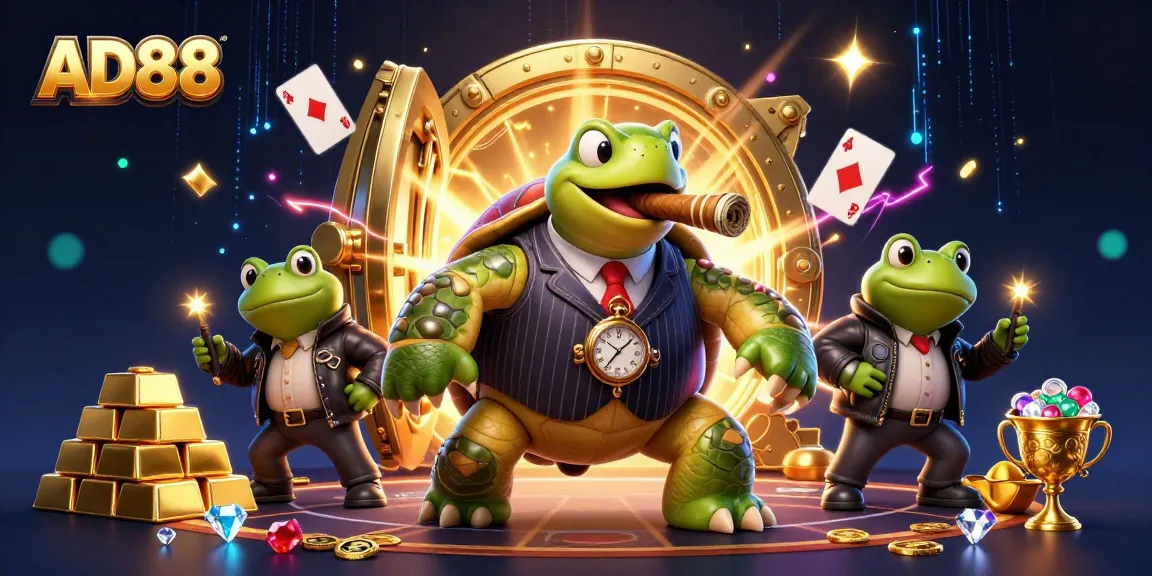 Win big at AD88 with an animated scene showcasing casino elements and vibrant characters