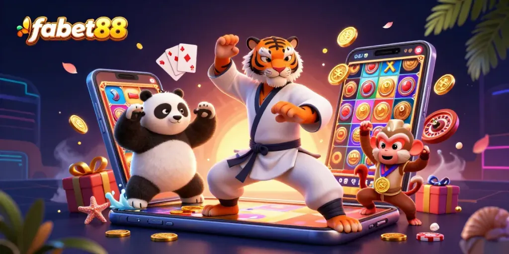 Experience excitement with fabet88 in this vibrant 3D casino scene featuring dynamic characters and games.