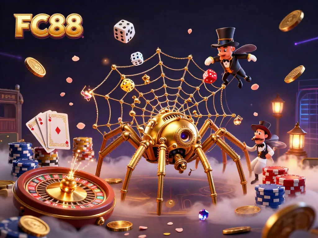 Enjoy thrilling casino action at FC88 with a whimsical steampunk spider and playful gambling elements.