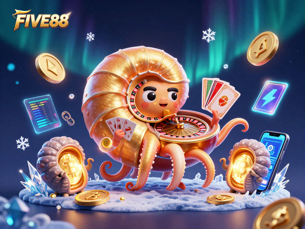 Experience the thrill of FIVE88 with a dynamic casino scene featuring a giant nautilus and glowing crypto elements.