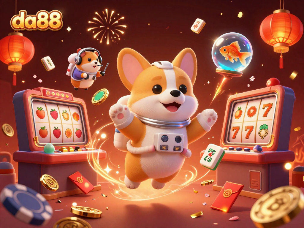 Experience the vibrant energy of da88 with a lively casino illustration featuring an astronaut corgi and friends