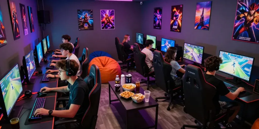 Engaging gaming session at rokok88 lounge with vibrant atmosphere and diverse players.
