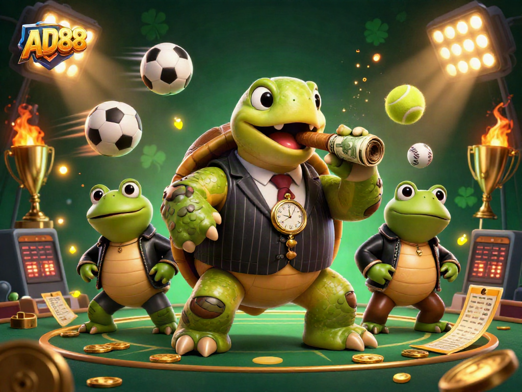 AD88's vibrant gaming scene showcases a snapping turtle mobster amidst dynamic sports elements and golden treasures.