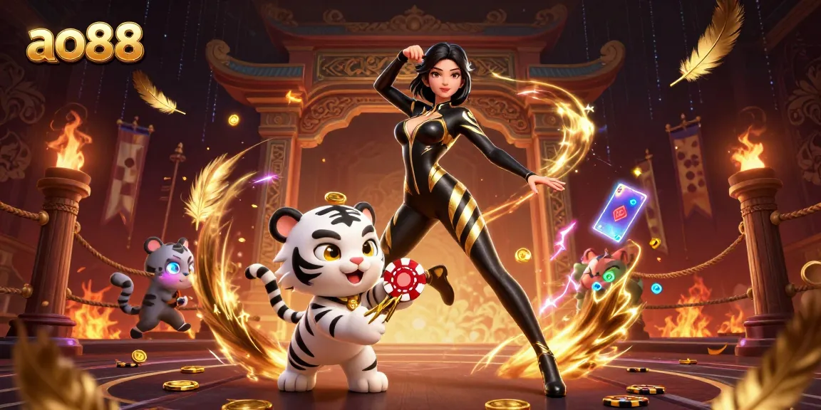 Engage with ao88's dynamic casino scene featuring a captivating acrobatic performer and playful tiger.