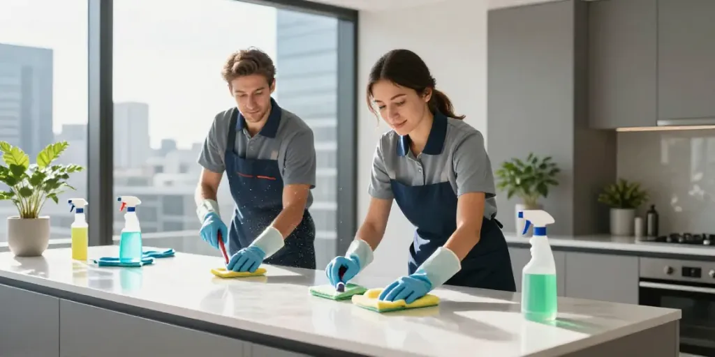 End of lease cleaning Melbourne scene with professionals cleaning a bright apartment.