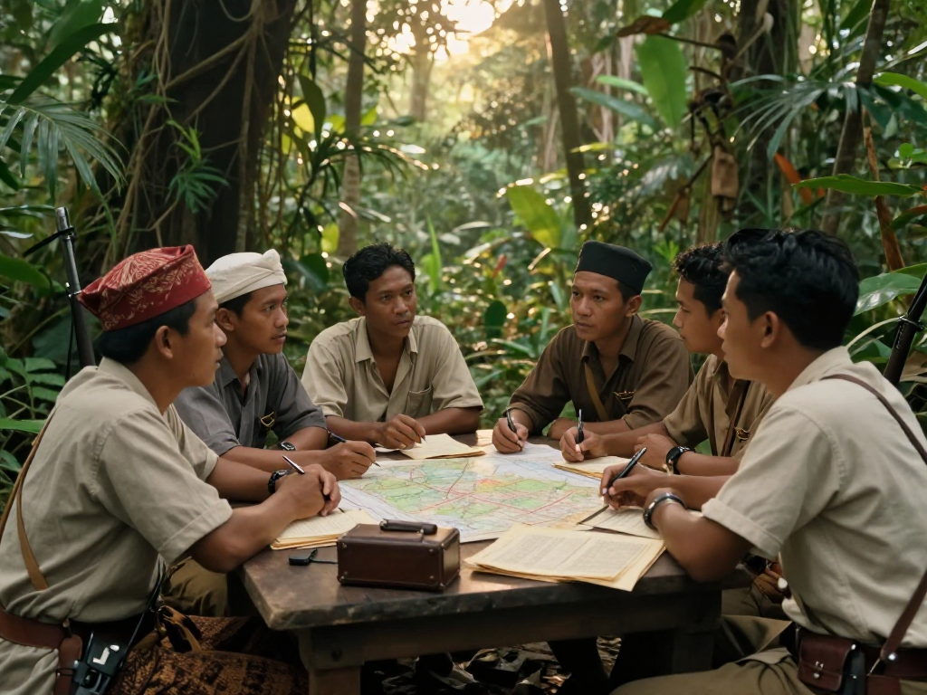 rokok88 depicts Indonesian revolutionaries planning strategies against colonial forces in a jungle.