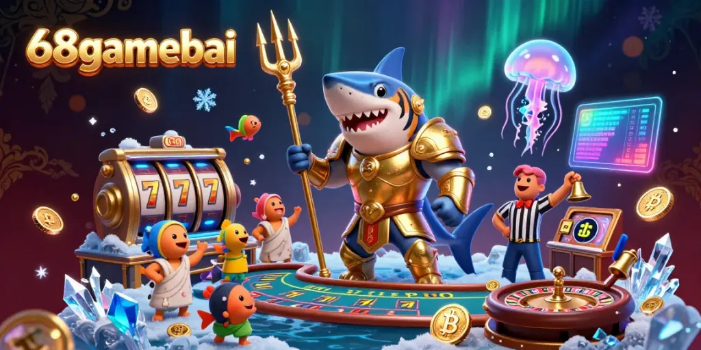 68gamebai immersive underwater casino scene featuring a shark gladiator amidst slot reels and crypto coins.