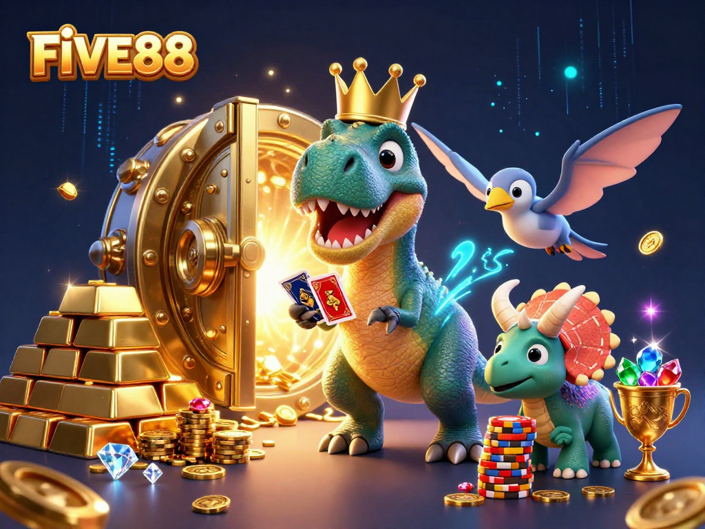 Engage with FIVE88's exciting gambling world through vibrant characters and treasures in this immersive casino scene.