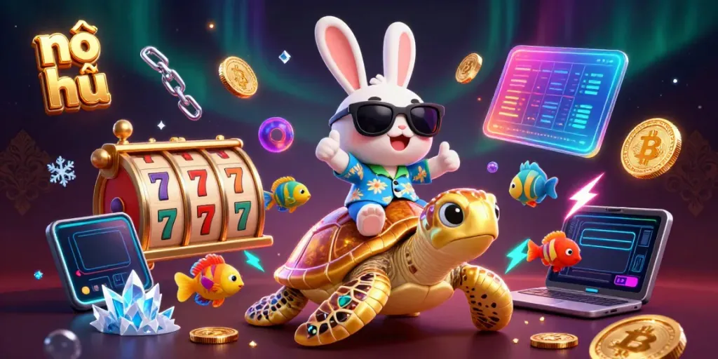 Experience nổ hũ excitement with a lucky rabbit and golden turtle, surrounded by slot reels and digital currency symbols.