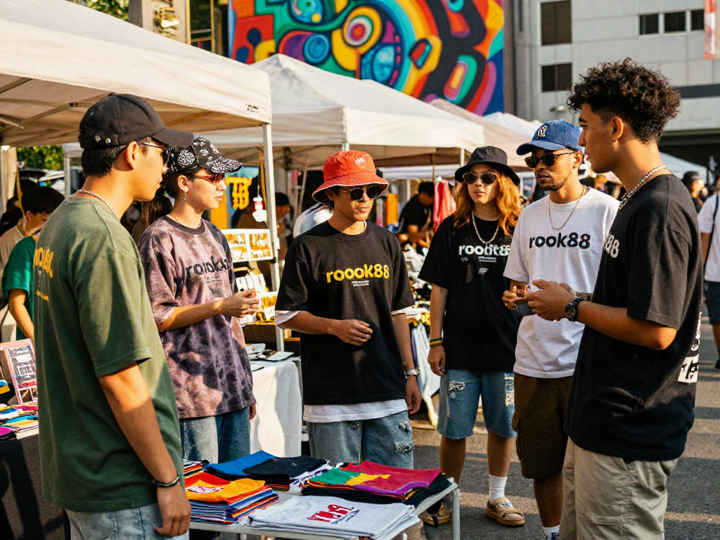 Youthful individuals wearing rokok88 streetwear at a lively urban market.