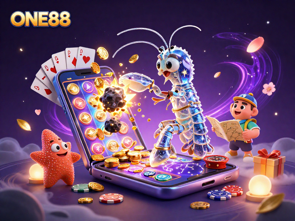ONE88 showcases vibrant slot games with golden coins erupting in a dynamic 3D casino scene.