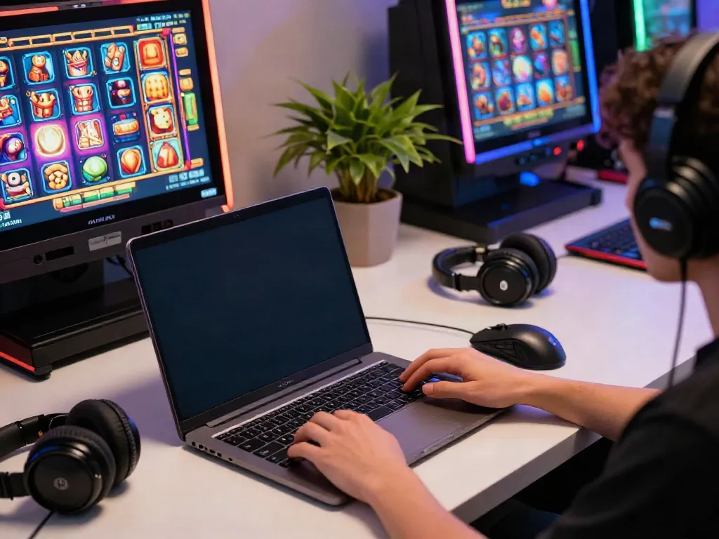 Pemain menggunakan situs slot online di laptop dengan grafik menarik dan aksesori gaming.