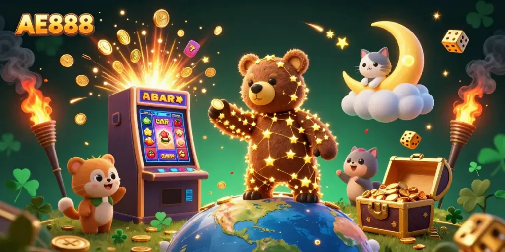 Experience the thrilling world of AE888 casino with dazzling characters and vibrant game elements.
