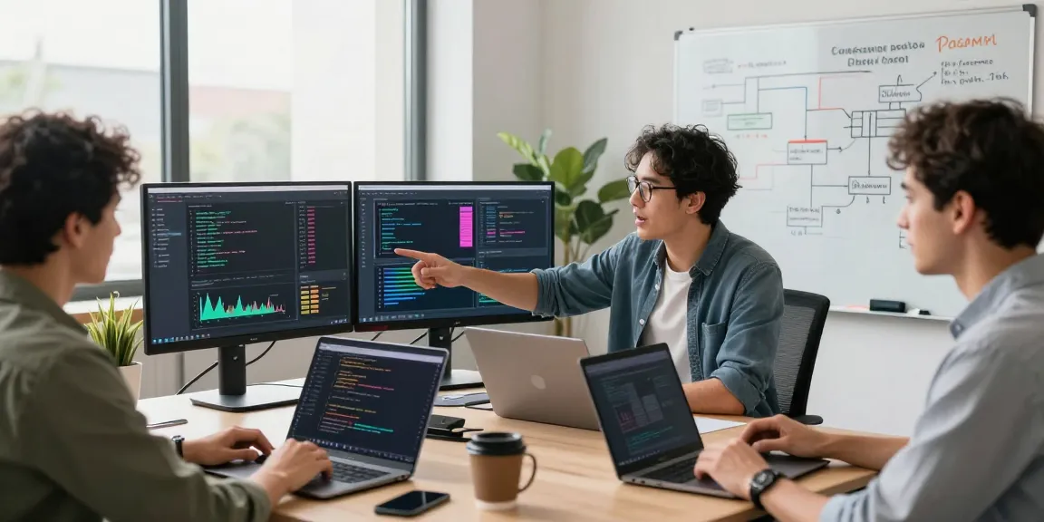 Team collaborating on Bungee Exchange technology in a modern workspace with dual monitors displaying blockchain solutions.