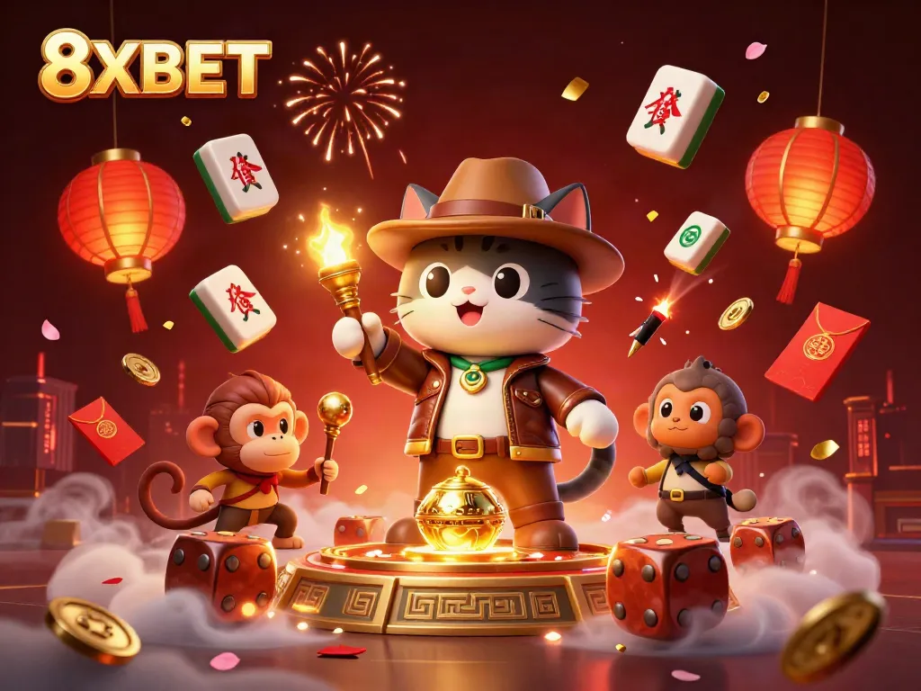 Experience 8XBET's thrilling gaming adventure with an explorer uncovering treasures in an ancient casino